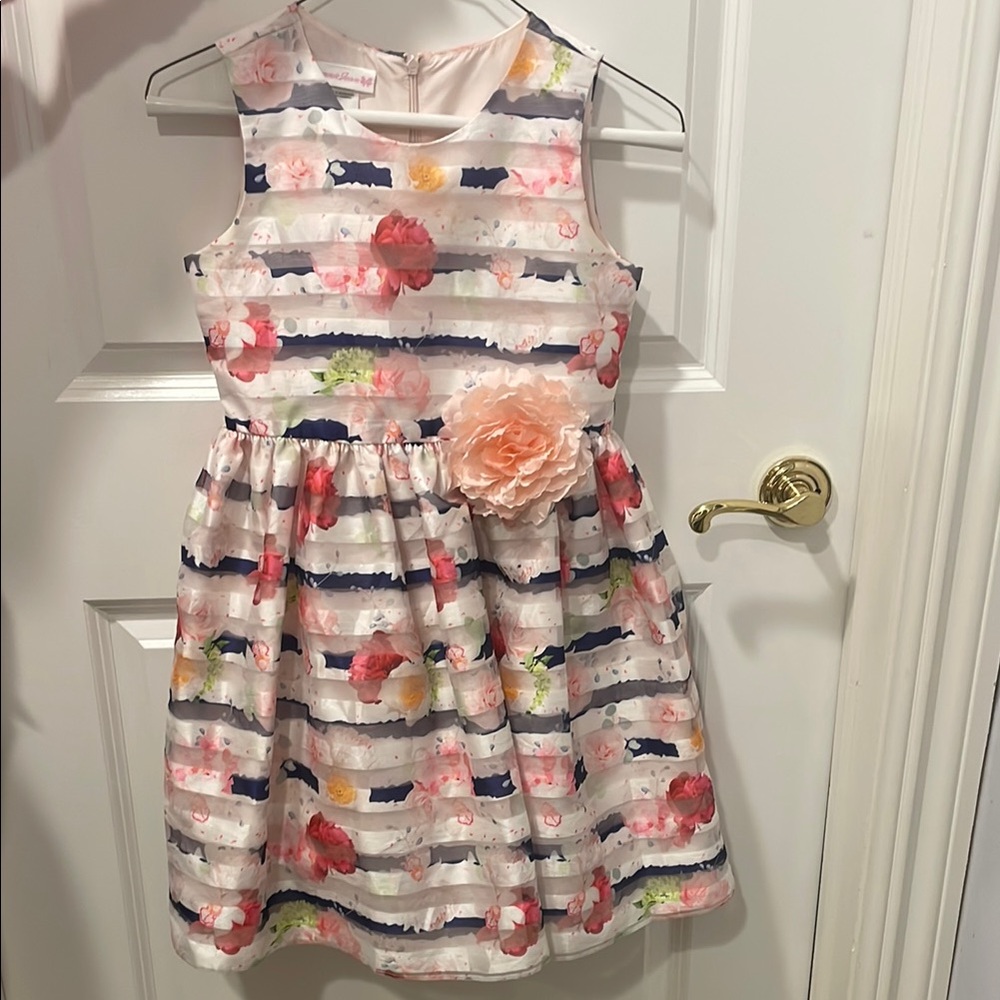 Floral Striped Kids Dress with Peach Accents
